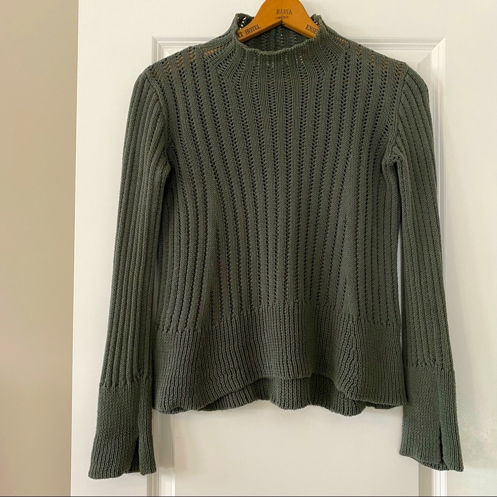 Inhabit Olive Green Mock Neck Chunky Knit Cotton Sweater Small w MEASUREMENTS